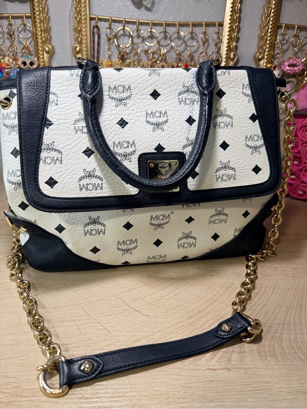 MCM White and Black Visetos Satchel with Gold Chain Strap